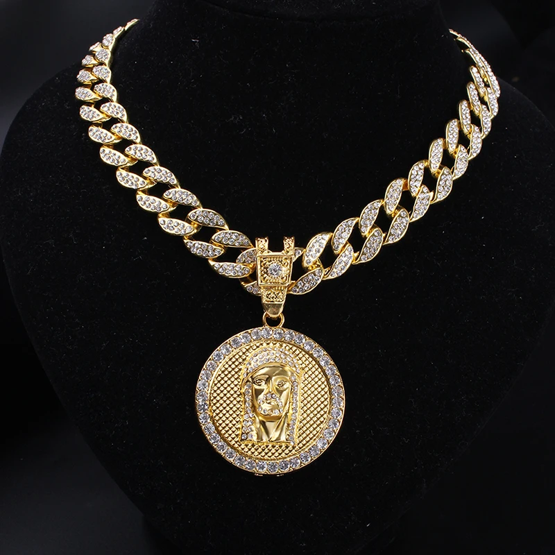 

Men Full Iced Out Miami Curb Cuban Chain & Round Jesus Head Pendant Hip Hop Rapper Gold Necklace Religious Jewelry Set