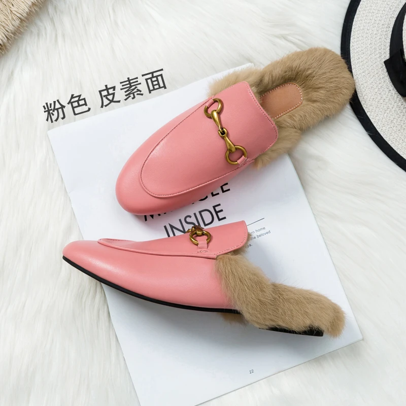 

Luxury Brand Fall And Winter Fashion Rabbit Fur Warm Flat Mules Fur Furry Slides Designer Shoes Black Loafers Flats Slippers
