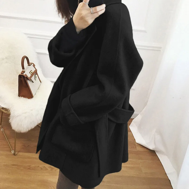 

Winter Wool Cashmere Caramel Coat Women Warm Outerwear Ladies Black Belt Trench Coats Elegant Female Office Wear Korean Clothing