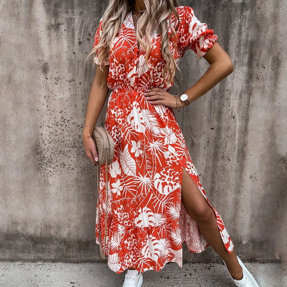 

Summer Sexy Slim Button V Neck Party Dress Elegant Gorgeous Floral Print A-Line Dress Women Fashion Short Sleeve Slit Long Dress