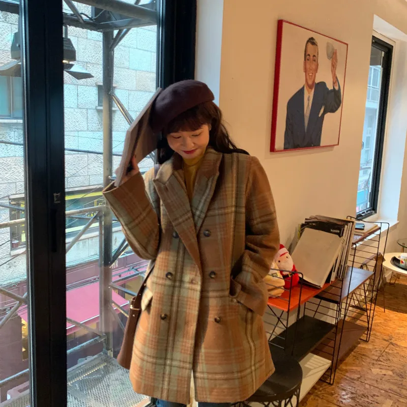 

Women Autumn Winter Notched Collar Wool Coat Long Sleeve Woolen Jacket Overcoat Long Blazer Plus Size Outwear with Pocket