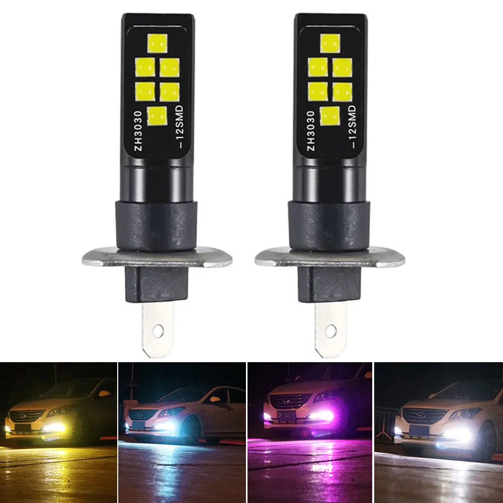 

2Pcs H1 H3 car LED Bulb Fog Lights Super Bright 12MD 3030 6000K Car 12V Driving Day Running Lamp Auto White blue orange pink