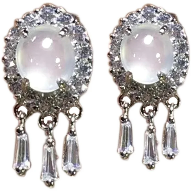 

2021 Original New White Ice Chalcedony Tassel Earrings Glass Type Egg Surface Fashionable Elegant Large Square Earrings