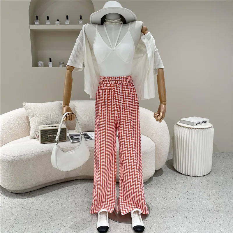 

Women's Clothing Spring Summer Thin Plaid Casual Mopping Trousers 2021 New High Waist Slim Straight Vertical Wide Leg Pants