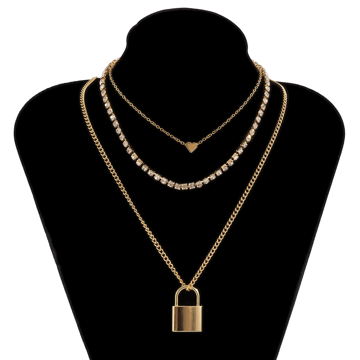 

IngeSight.Z 3Pcs/Set Rhinestone Crystal Chain Love Heart Choker Necklace Collar Multi Layered PadLock Pendant Necklaces Jewelry