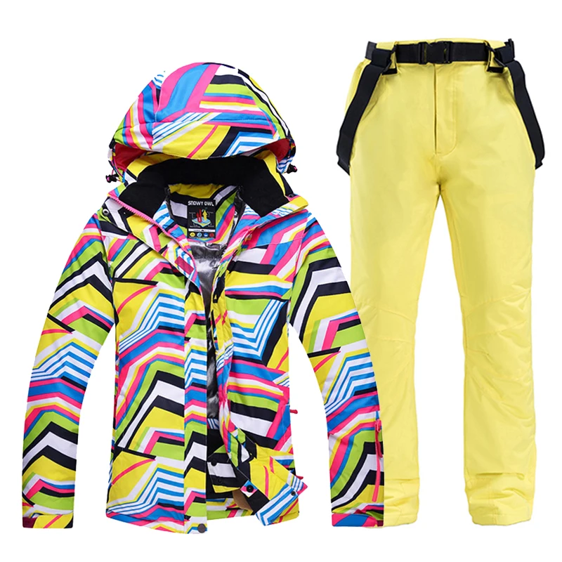 Cheaper Women Snow Clothes Zebra Crossing Ski Suit Snowboard Sets Windproof Waterproof Outdoor Sports Costume Jacket +Strap Pant