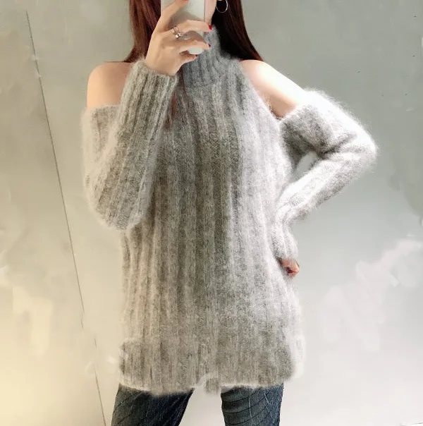 

2021 Women Sweater Autumn and Winter New Half High Neck Strapless Mohair Wool Sweater Women