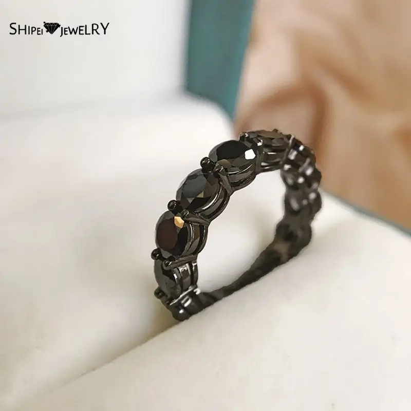 

Shipei 100% 925 Sterling Silver Round Black Agate Gemstone Wedding Band Party Fine Jewelry Personality Ring For Women Wholesale