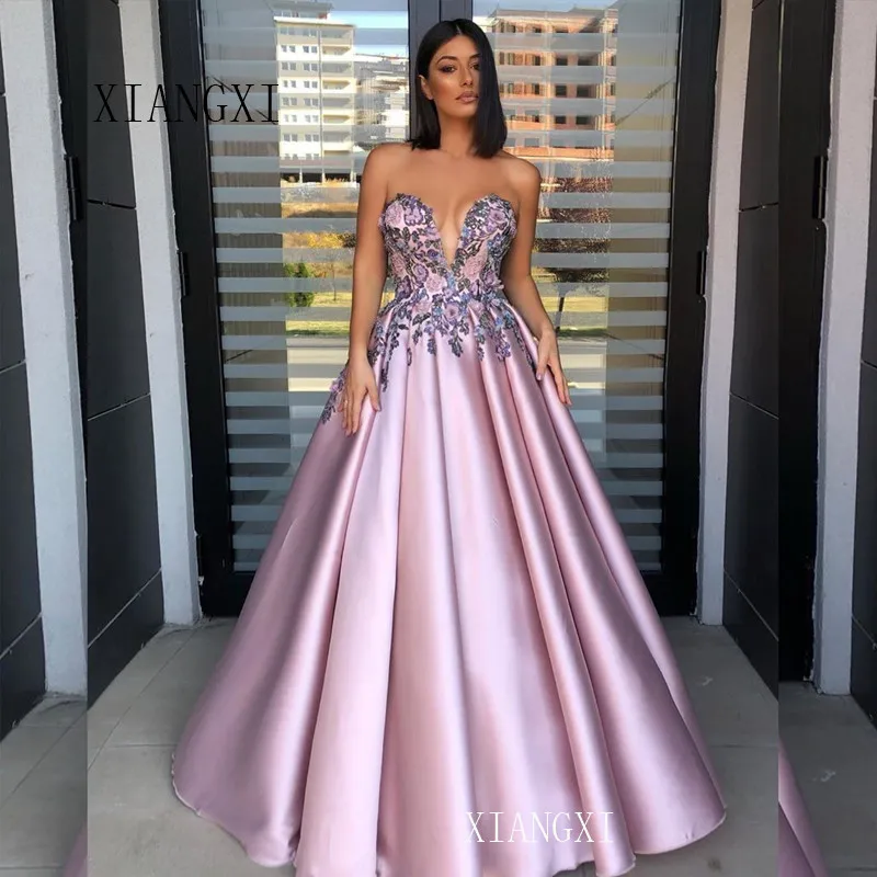 

2020 Abendkleider Long Evening Dress Satin With Embroidery Sweetheart Sleeveless Floor Length Evening Dresses Formal Gowns