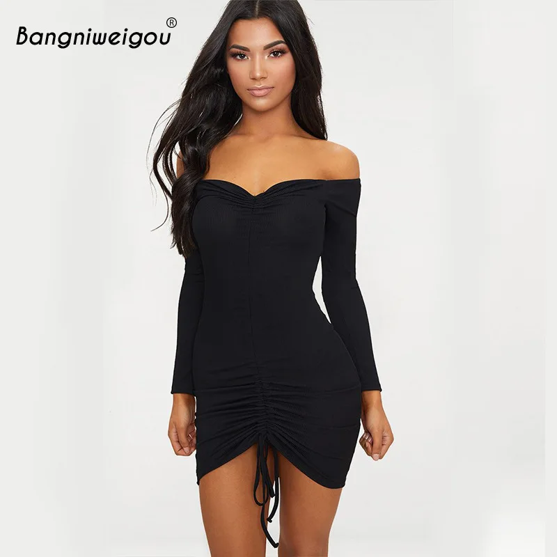 

Элегантное облегающее черно-белое вечерние Bangniweigou с открытыми плечами и рюшами, однотонные весенние короткие платья с длинным рукавом