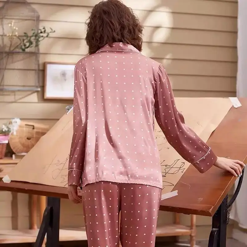 Women Silk Satin Lapel Long Sleeve Pajama Set Autumn Winter Lady Sleepwear Fashion Simple Dots Silk Blacktrousers Set