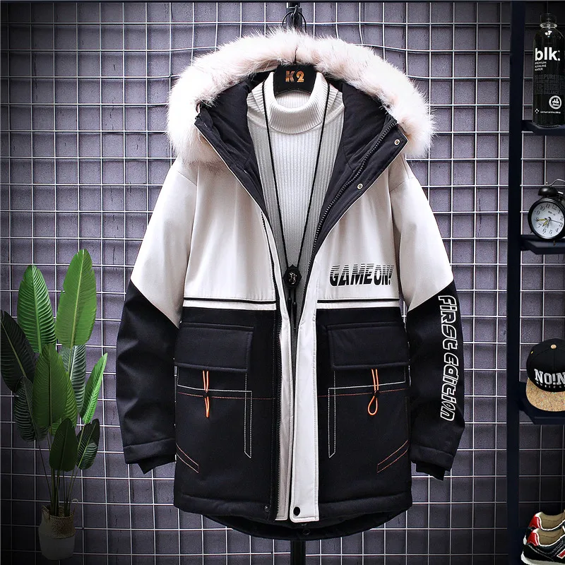 Winter Fashion Thick Jackets Mens 2022 Casual Fur Collar Hooded Warm Cotton Coats Outwear Patchwork Parkas Male Tops Windbreaker