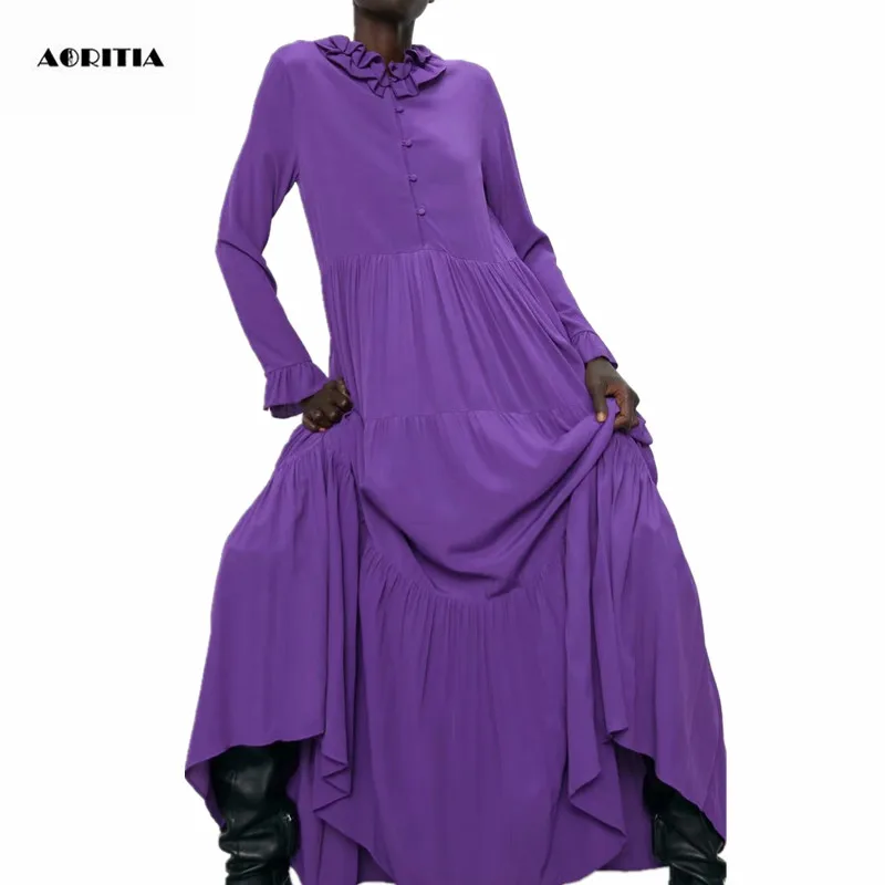 2019 женское осеннее платье со стоячим воротником и длинными рукавами фиолетовое