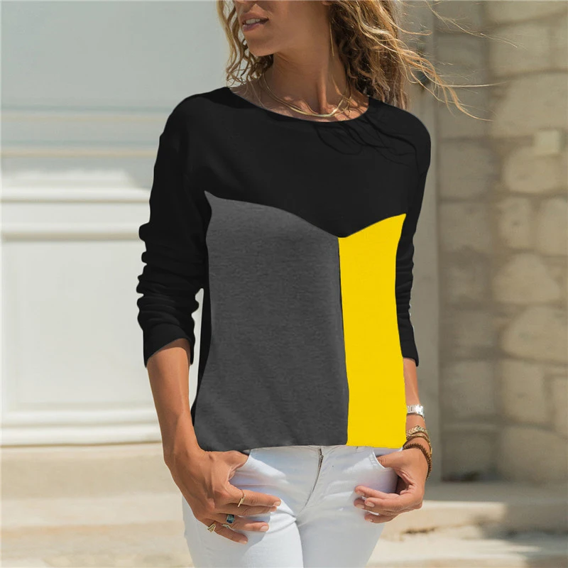 Женская Повседневная Блузка с длинным рукавом круглым вырезом в стиле пэчворк на