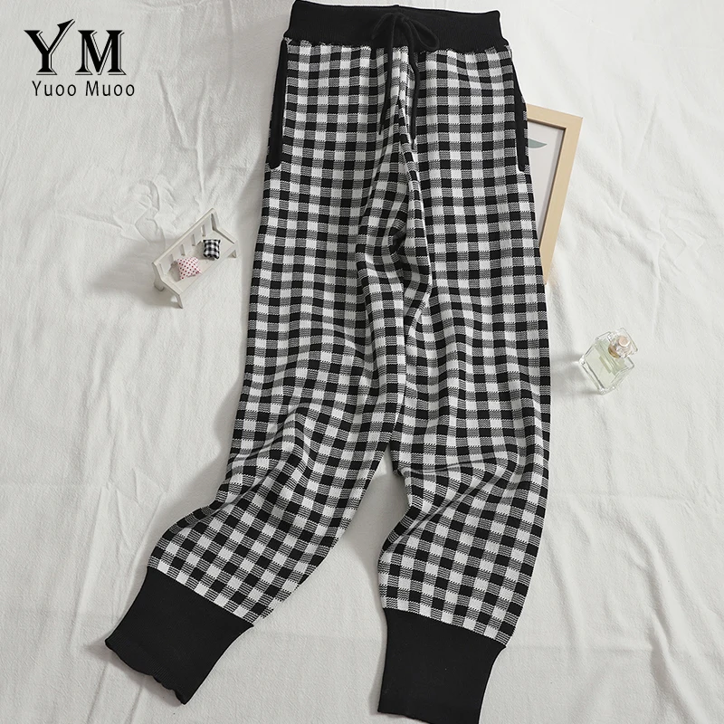 

Клетчатые тренировочные брюки YuooMuoo в стиле Харадзюку, эластичные мешковатые брюки с высокой талией, уличная одежда, Повседневные вязаные д...