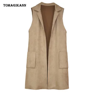 Жилет женский замшевый на пуговицах с Боковым Разрезом, длинный жилет с карманами, размера плюс кардиган с открытыми стежками, верхняя одежда