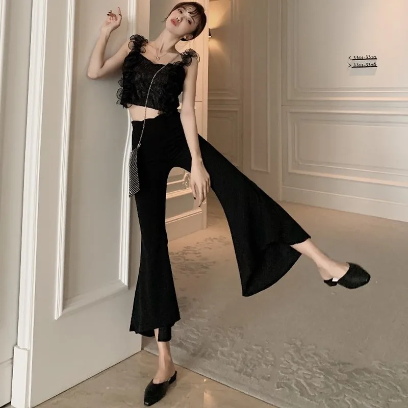 

Mazefeng 2020 New Black Vintage Solid Contrast Binding Flare Leg Elastic Waist Elegant Flare Pants Autumn Ladies Women Trousers