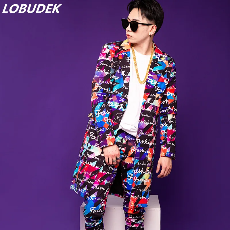 Punk Hip Hop Rock Singer Men's Suit Letter Pattern Printed Long Blazer Pants Set Nightclub Bar Concert Stage Performance Costume