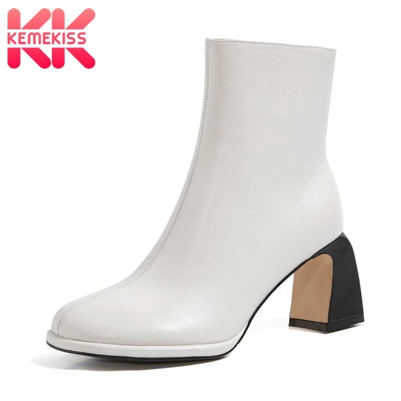 

KemeKiss Real Leather Women Ankle Boots Thick High Heel Zipper Shoes Pointed Toe Warm Boots Winter Fashion Footwear Size 34-39