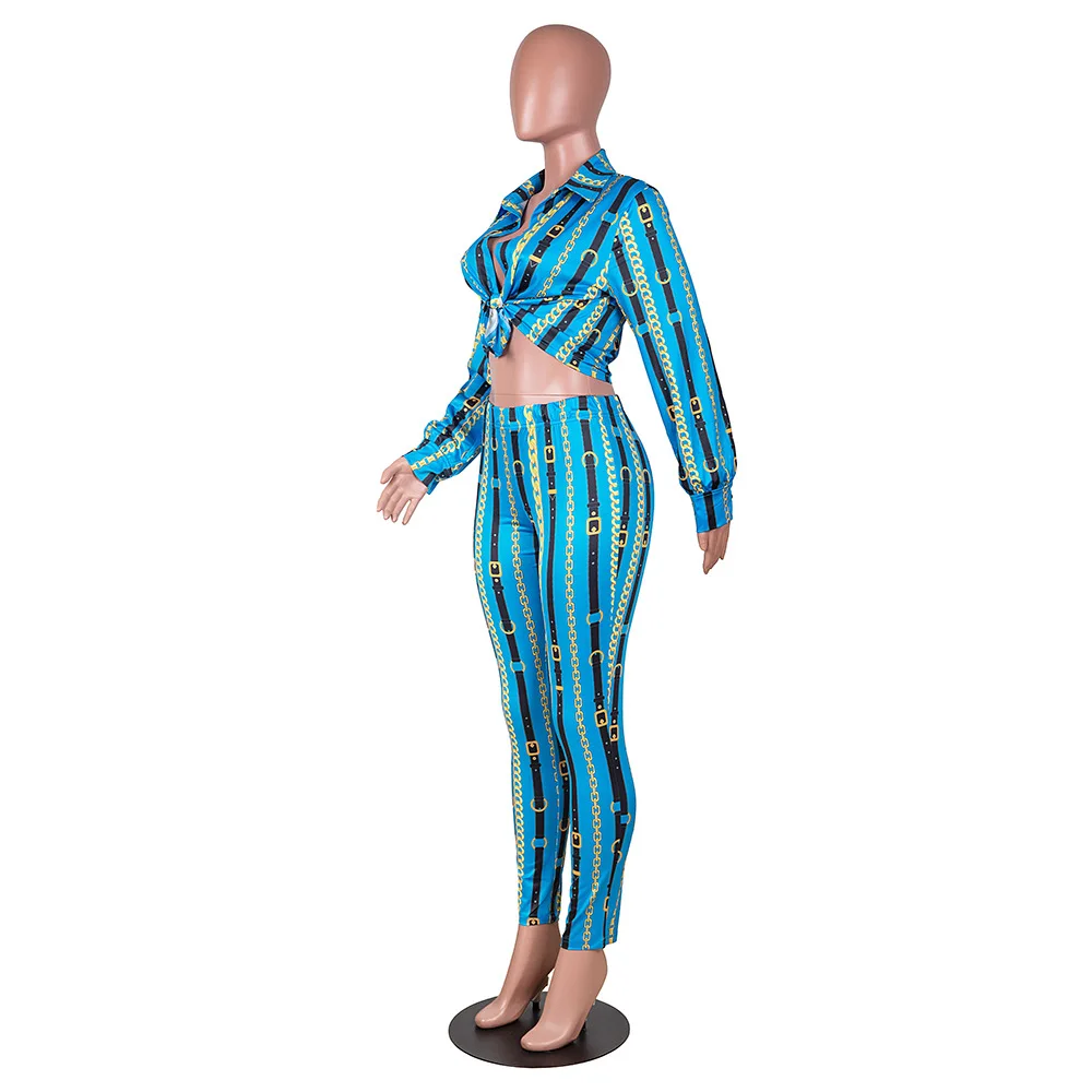 

Newest Blue Stripes Printing Women Outfits Charming Lady Long Sleeves Shirt Turn Down Neck + Skinny Pants Club Set Party Suits