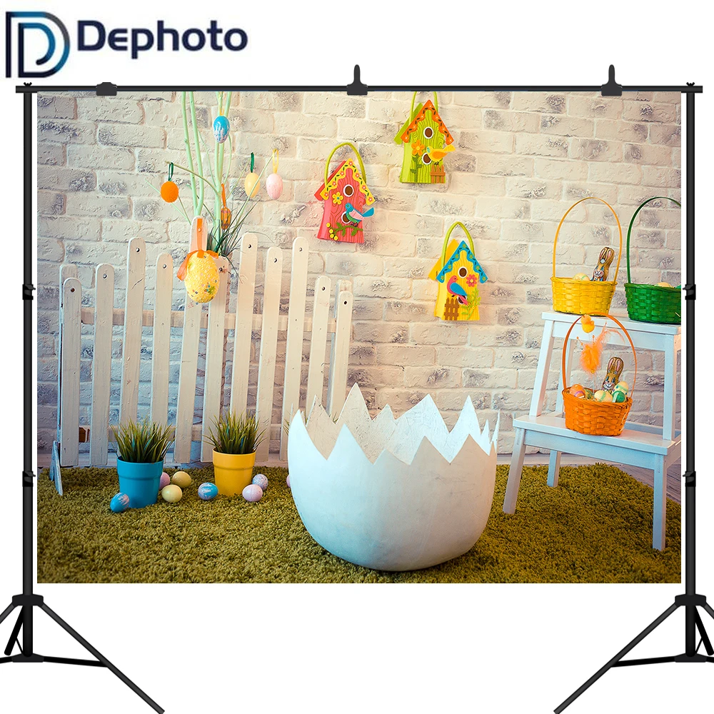 Дефото Пасхальный фон для фотосъемки цыпленок корзина яйца серая кирпичная