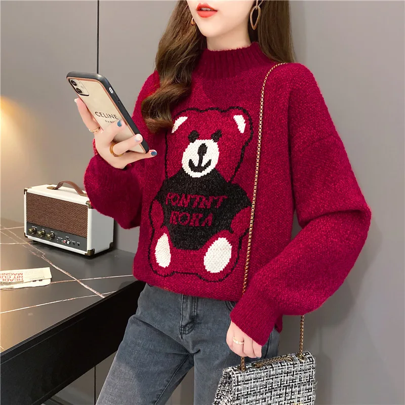 

Sweet and Lovely Bear Sweater Women's Loose and Fashionable Knitted Bottom Coat Sweater Women