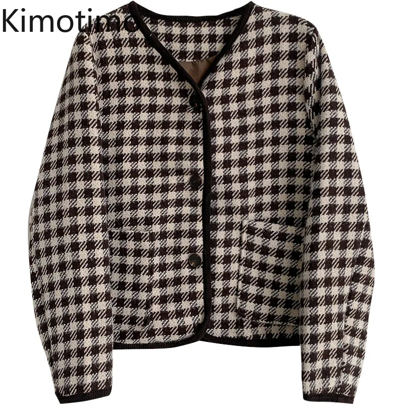 

Винтажные клетчатые пальто Kimotimo для женщин, Корейская шикарная Свободная куртка с V-образным вырезом и длинными рукавами, осенне-зимняя мод...