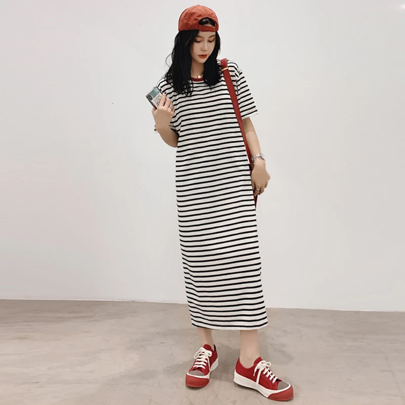 

Casual Women T-Shirt Dress 2021 Summer Short Sleeve O Neck Loose Women Long Dress Female Fashion Striped Dresses Black Green