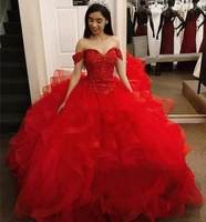 princess 16 year quinceanera dresses red tulle ball gown sexy off the shoulder sweetheart beaded sequins formal debut dress