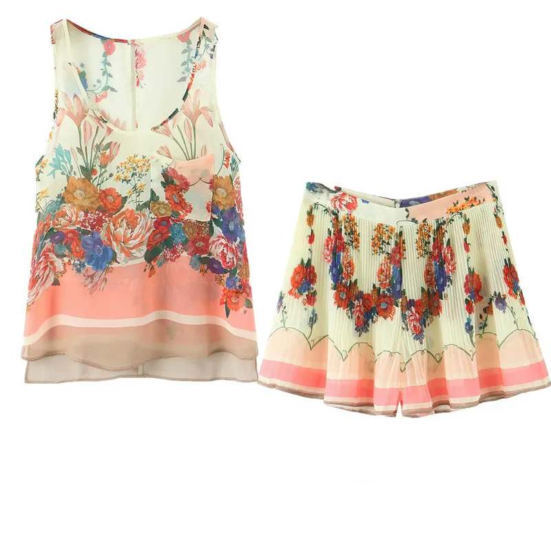 

Women's suit summer new style fashion floral vest top + high waist pleated casual shorts two piece set top and pants