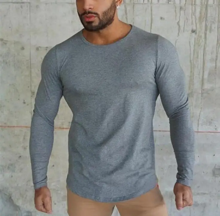 Сплошной цвет пустой фитнес футболка мужская длинная секция хлопок дышащая