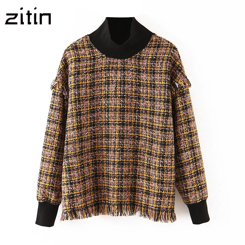 Винтажные Лоскутные потертые твидовые свитшоты с кисточками в клетку для женщин