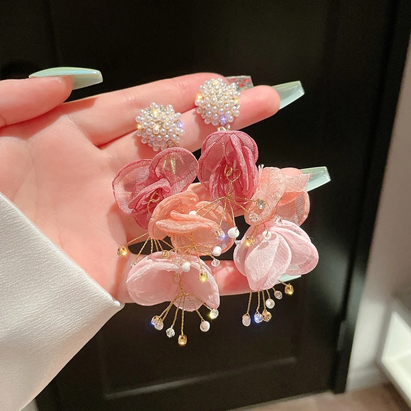 

MENGJIQIAO Korean Sweet Pink Yarn Flower Long Drop Earrings For Women Ladies Elegant Pearl Beads Oorbellen Holiday Jewelry Gifts