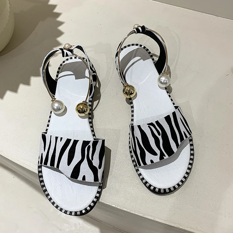 

2021 Summer New Fashion Women's Shoes Women Flat Heel Soft Leather Leopard Casual Open Toe Sandals Gladiator Ladies Sandals