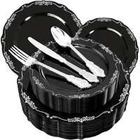 black plastic plate and silver plastic silverware baroque disposable tableware set for birthday party wedding decoration