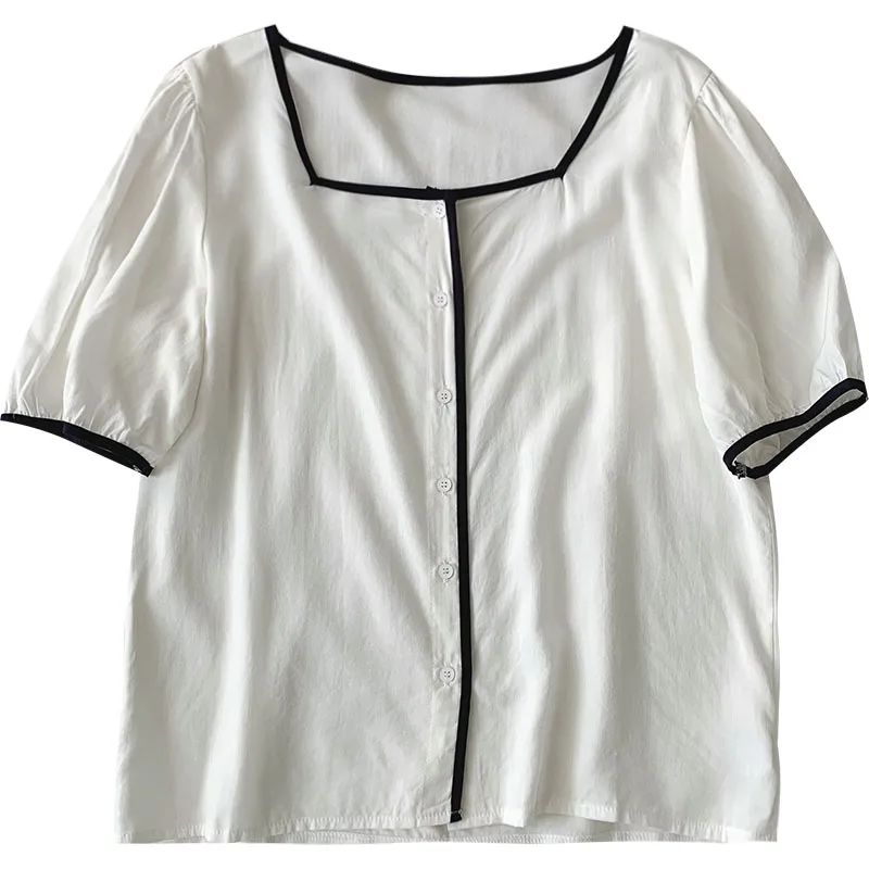 

Kimutomo Korean Ins Fashion Blouse Women Square Collar Fresh Style Short Sleeve Solid Shirt 2021 Summer Single Breasted Tops