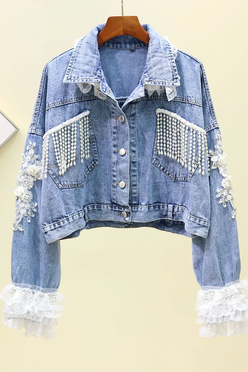 

Autumn 2019 Women Short Jacket High Quality Beading Embroidery Lace Patchwork Blue Jacket Outerwear Casual Long Sleeve Jacket