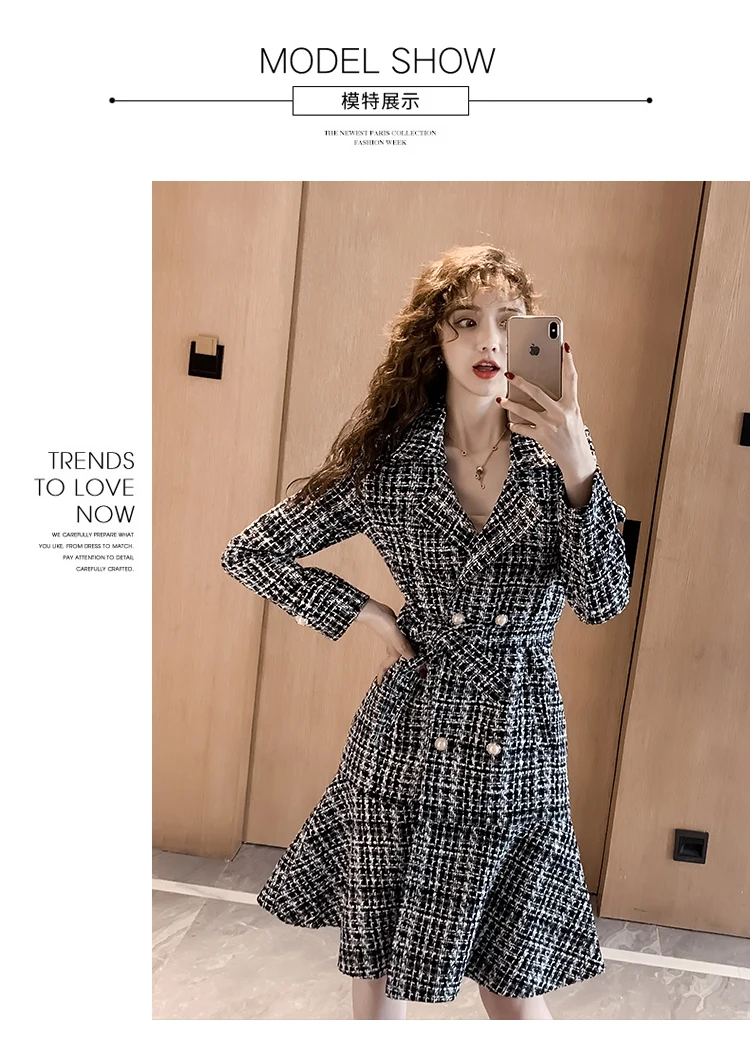 Autumn Winter Pink Plaid Tweed Wool Long Coat Women Notched Double Dreasted Sashes Ruffles Woolen Overcoat Mermaid Outerwear