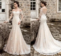 vintage champagne long sleeves wedding dress 2021 sweetheart lace appliques mermaid bridal dresses vestidos de noiva
