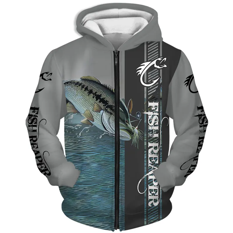

2021 Grey and black stitching fun flying fish print 3D zipper hoodie