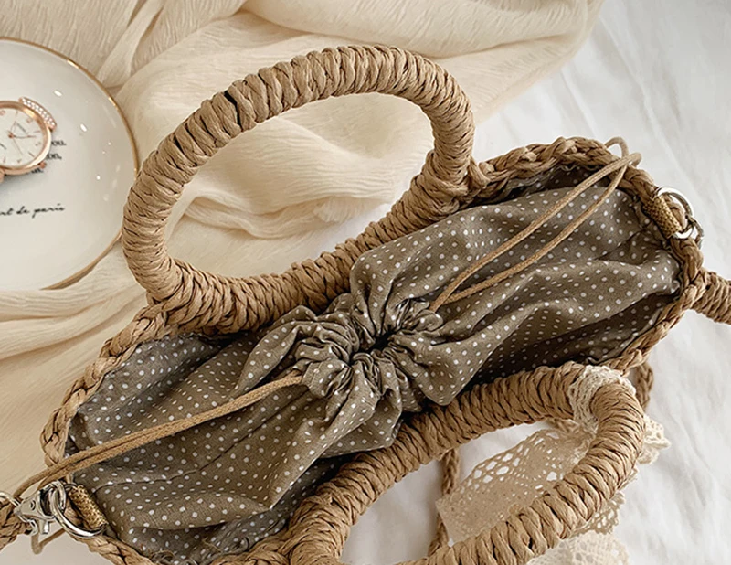 

New Straw Bag Women Hand-Woven Handbag Moon Shape Rattan Bag Big Capacity Drawstring Casual Travel Beach Shoulder Bag