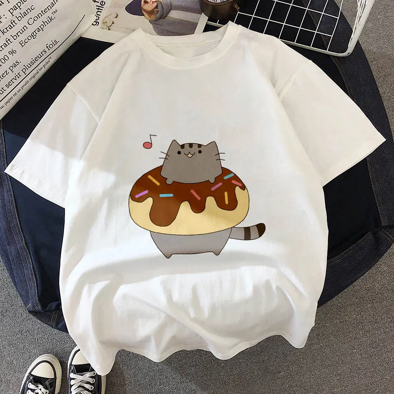 Kawaii, футболка с толстым котом, женская, новинка, летняя, милая, модная, короткий рукав, футболка, белая, тонкая, с секциями, хипстер, футболка, Топы, одежда - Цвет: 20859