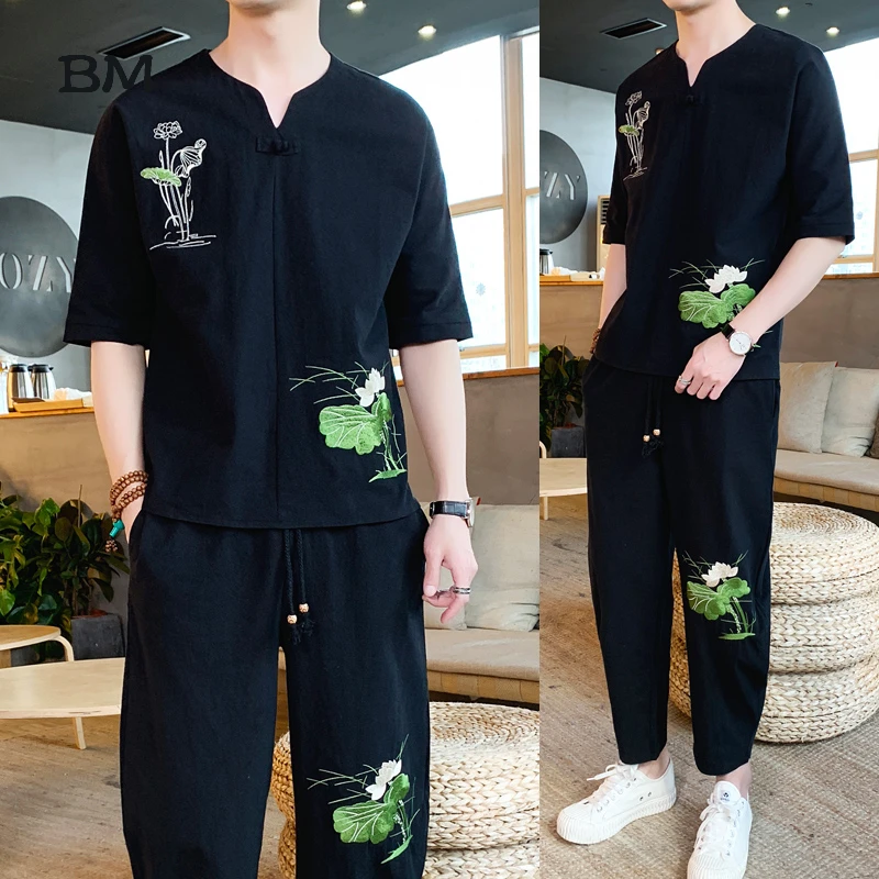 Костюм в китайском стиле мужской с вышивкой тонкий Топ коротким рукавом модные