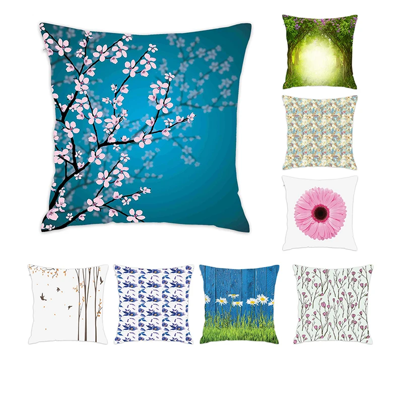 

[Douladou] Pink Blossoms Leaves Plants Pillow Case River Waterfall Scenics Cushion Cover Couch Cojines Decor Dustproof 45x45cm