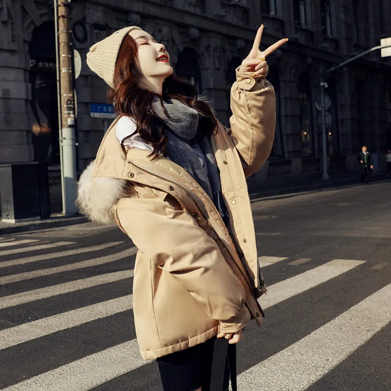 FTLZZ зимние парки с белым утиным пухом для женщин большой воротник из меха енота
