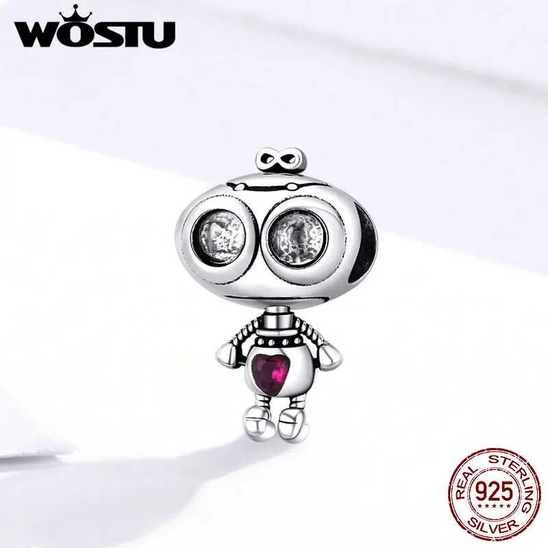 WOSTU умный робот из бисера 100% Стерлинговое Серебро 925 пробы розовое сердце CZ Шарм
