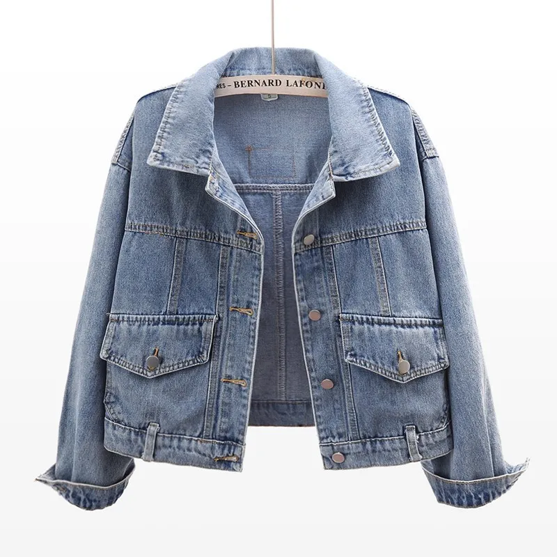 

Куртка женская джинсовая с большими карманами, короткая верхняя одежда в Корейском стиле, свободные джинсовые куртки синего цвета с длинны...