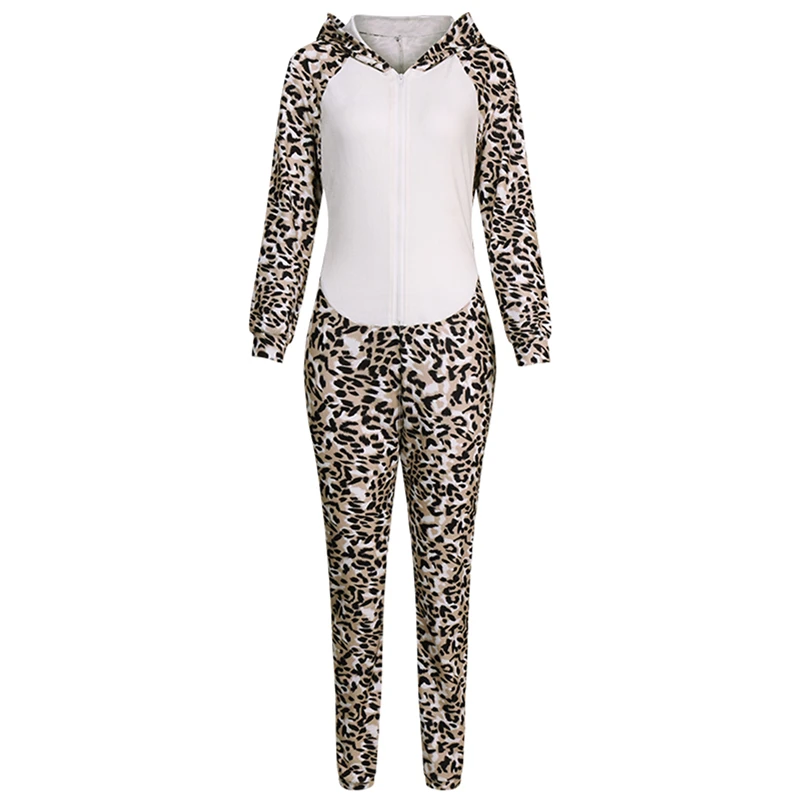 

New Women Leopard Jumpsuit Sexy One Piece Hooded Pajamas Camouflage Print Long Sleeve Fashion Rompers Ladies Jumpsuits