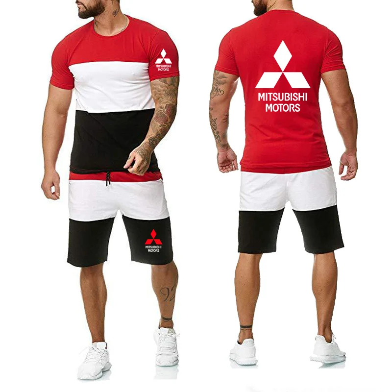

Unisex Summer The New Mens Short sleeve Mitsubishi Car Logo Mens T-Shirt Colorblock Cotton Men's T-shirt+shorts suit 2pcs
