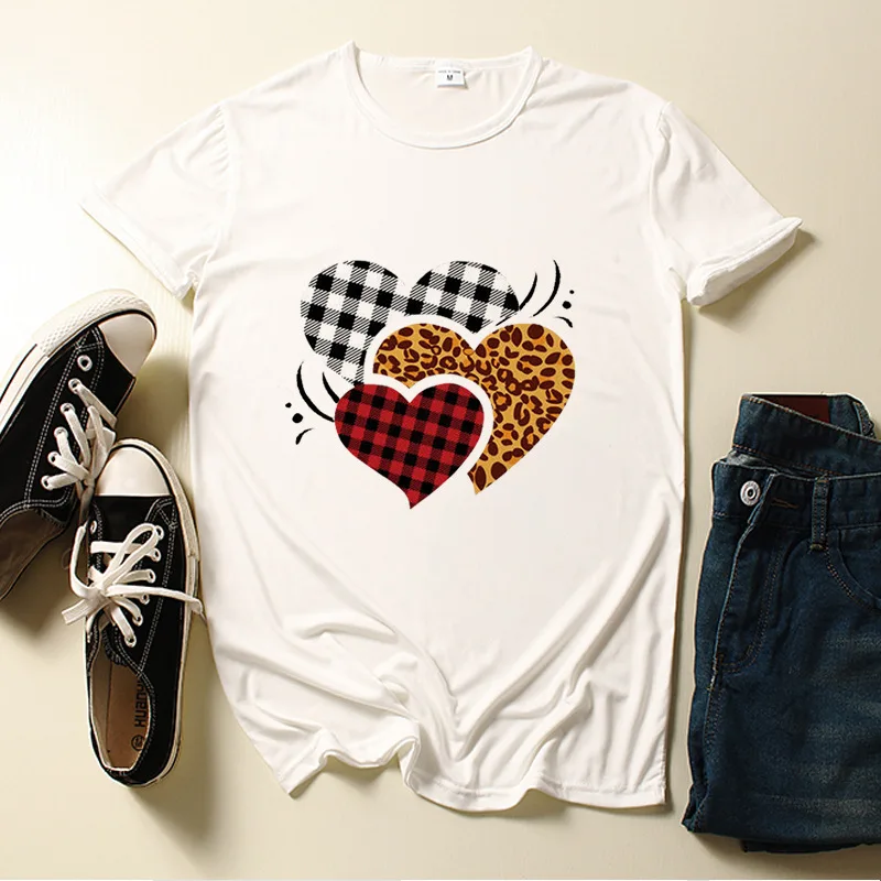 

New women's plaid love printed T-shirt short sleeve plus size loose clothes fashion blouse ladies